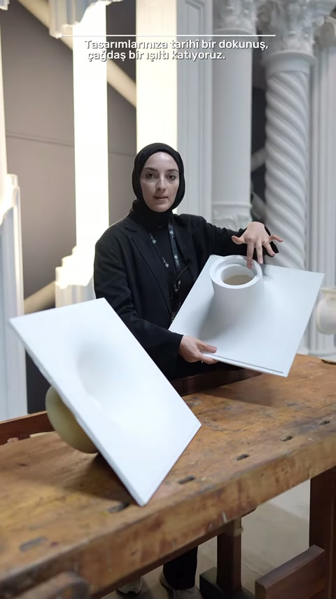 Sunucu, boyunlu modelin üst bölümüne dokunarak yapısını anlatıyor.