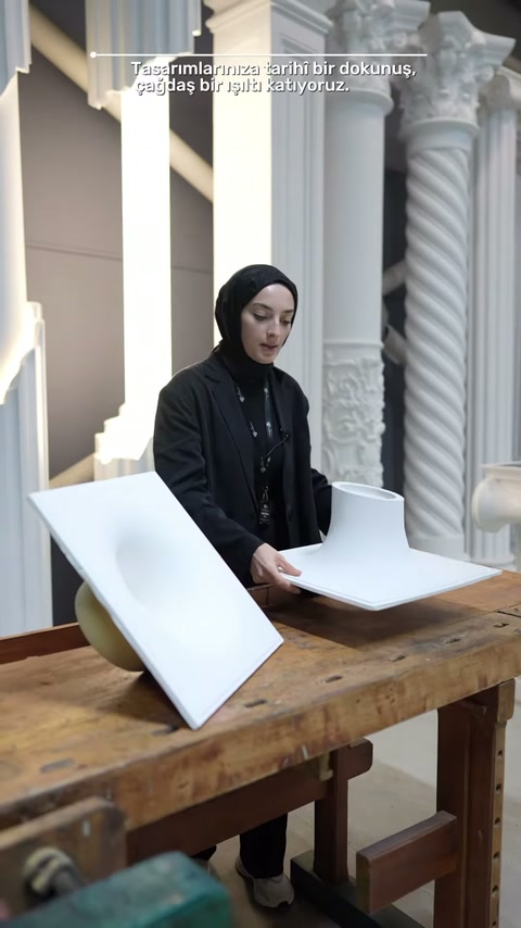 Boyunlu armatür masaya indirilirken diğer içbükey model önde duruyor.