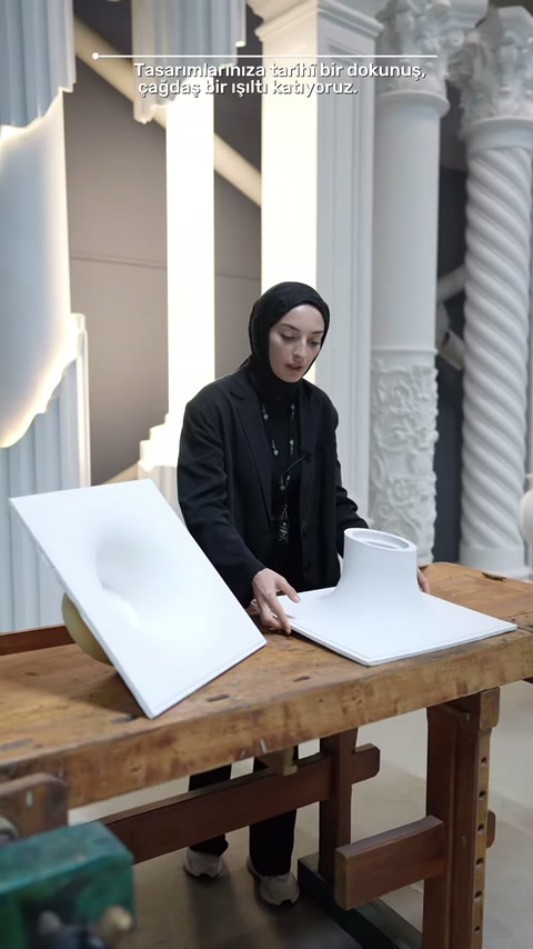Her iki poliüretan aydınlatma armatürü masada karşılıklı konumlandırılıyor.
