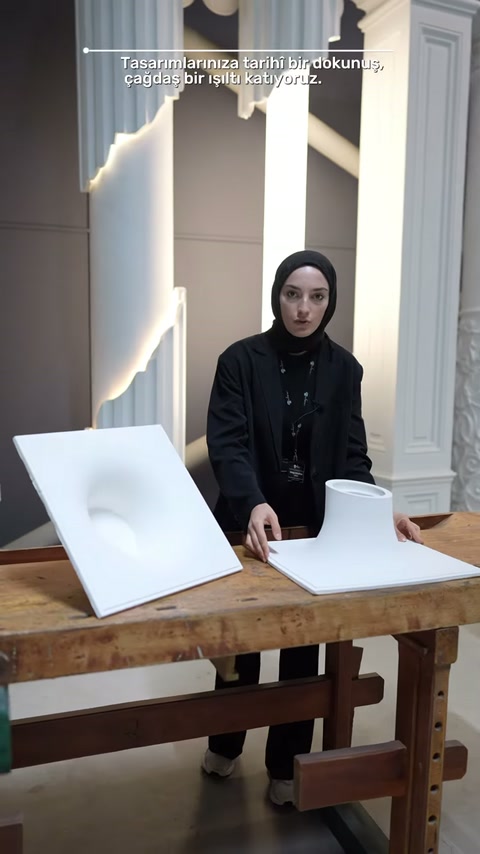 Sunucu, masadaki beyaz poliüretan armatür çeşitlerini karşılaştırmalı sunuyor.