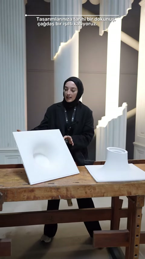 Sunucu, içbükey amorf paneli kaldırmaya hazırlanırken açıklama yapıyor.