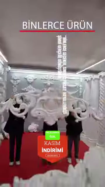 İşlemeli kartonpiyer ve köşe süsleri örnek bir tavanda gösteriliyor