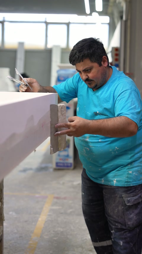 Usta, pembe köpük parçanın kenarına kaplama malzemesi yayıyor.