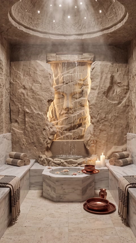 Taş dokulu kabartma rölyef panel banyo duvarında aydınlatılıyor