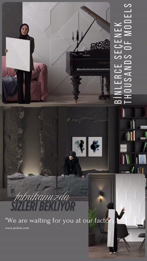 Beyaz dokulu panel, modern salon köşesinde dik tutularak tanıtılıyor