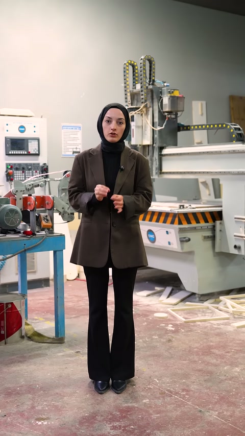 Sunucu CNC makinesi önünde üretim sürecini anlatmaya devam ediyor