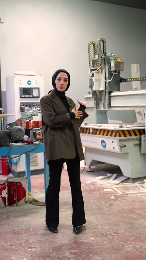 Sunucu CNC makinesi önünde elini hareket ettirerek anlatıyor