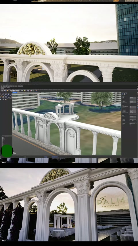 Köşe sütunları ve kemerli çevre duvarı, 3D modelde yukarıdan görülüyor.