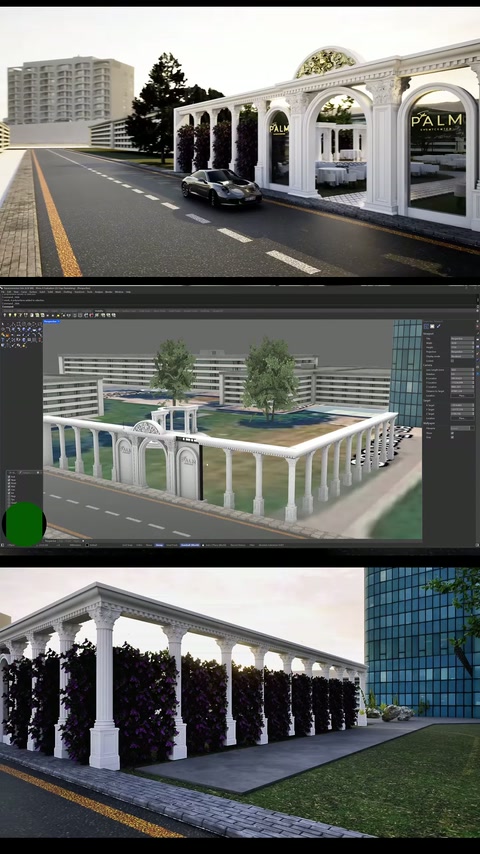 Yol kenarındaki düğün salonu cephesi, 3D köşe perspektifiyle modelleniyor.