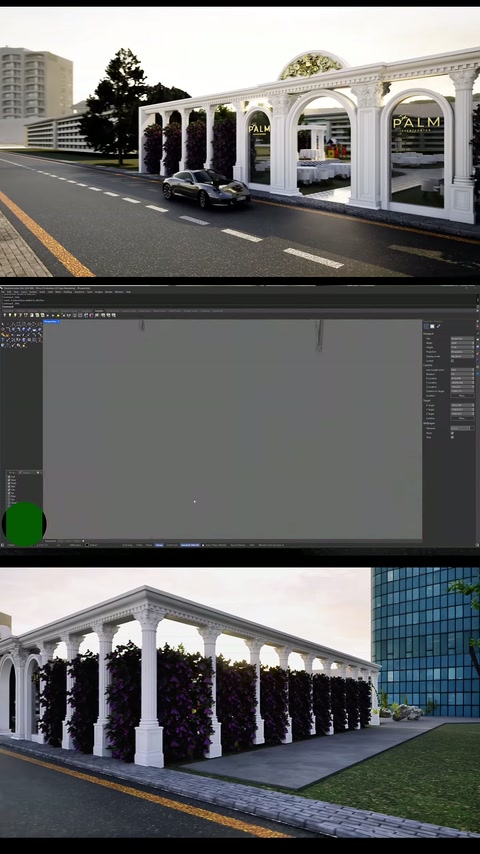 Sarmaşıklı paneller arasındaki beyaz sütunlar, 3D cephe boyunca sıralanıyor.