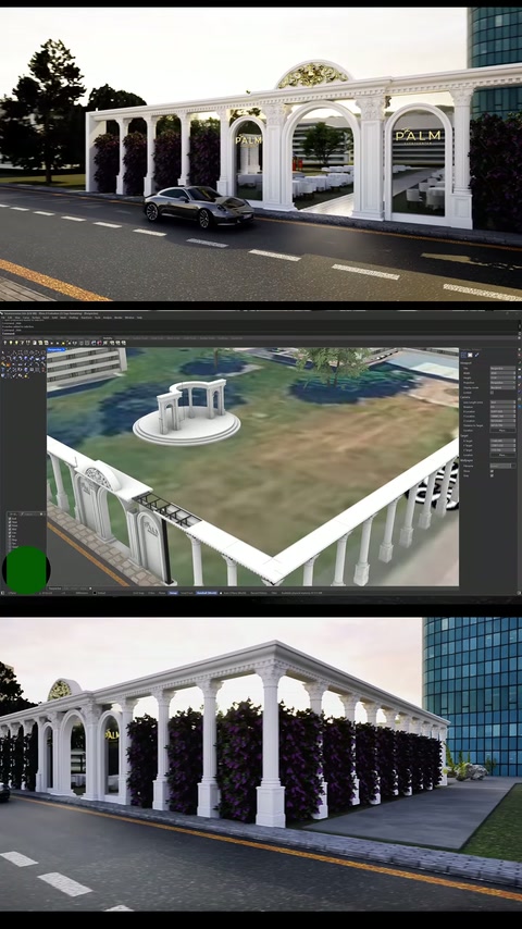 Parseli çevreleyen kemerli duvar, sütunlu 3D tasarımda çaprazdan görülüyor.