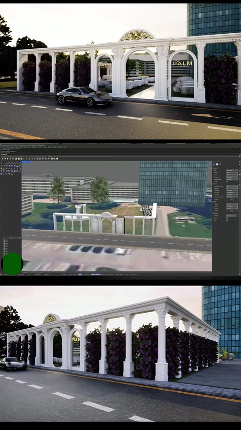 Dekoratif salon cephesi, otopark ve yol bağlantılı 3D planda gösteriliyor.