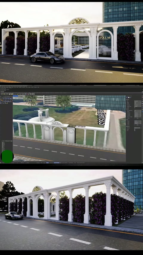 Ana giriş kemerleri ve yan sütun dizileri, 3D modelde sunuluyor.