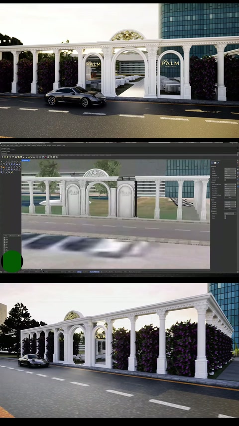 Klasik sütunlu dış cephe, yol hizasındaki 3D açıdan gösteriliyor.