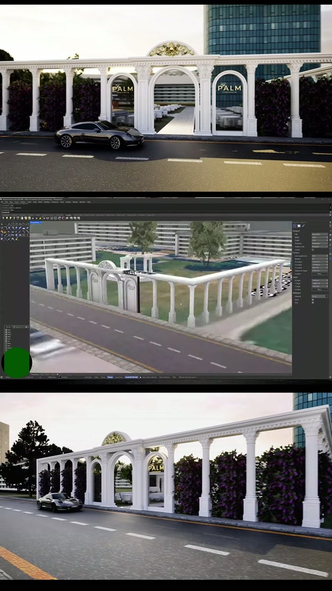 Açık alanı kuşatan kemer ve pilasterler, 3D proje aşamasında inceleniyor.