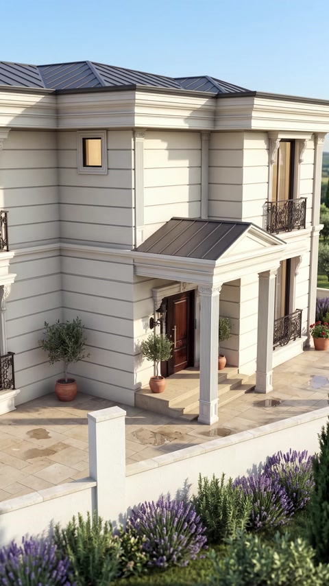 Tasarlanan giriş sundurması ve dekoratif sütunlar modelde gösteriliyor