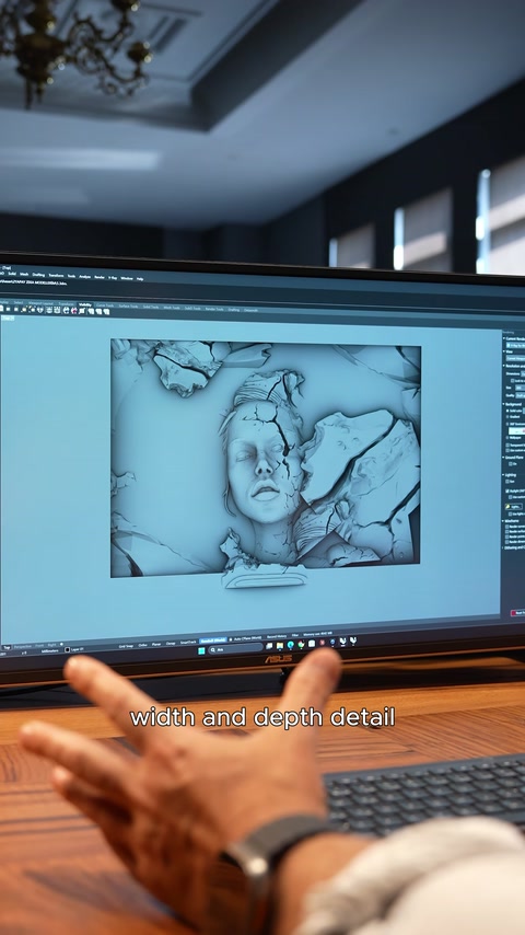 Üç boyutlu yüz kabartmasının dijital model detayı ekranda görülüyor