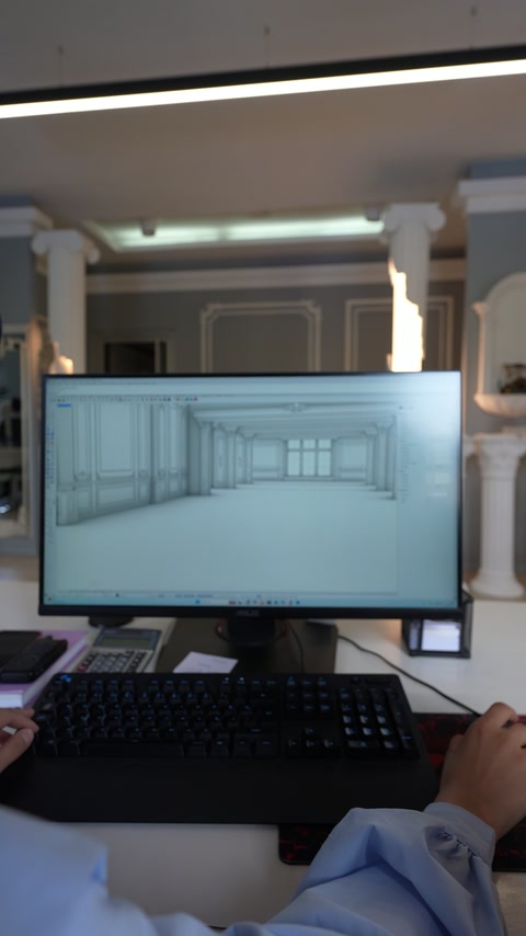 Üç boyutlu iç mekânda pilasterler, duvar çıtaları ve açıklıklar modelleniyor.