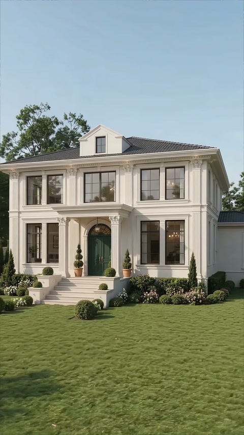 İki katlı villa cephesinde pencere söveleri ve kemerli giriş uygulanmış.
