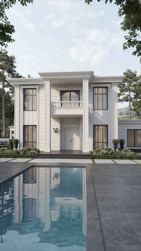Havuzlu villa cephesinde yüksek sütunlar ve balkon korkulukları yer alıyor.