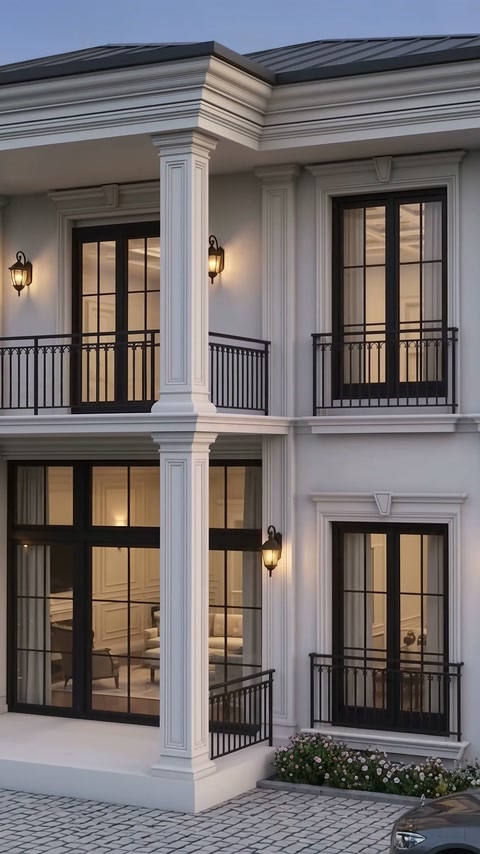 Villa köşesinde katları bağlayan pilasterler, balkonlar ve pencere söveleri görülüyor.