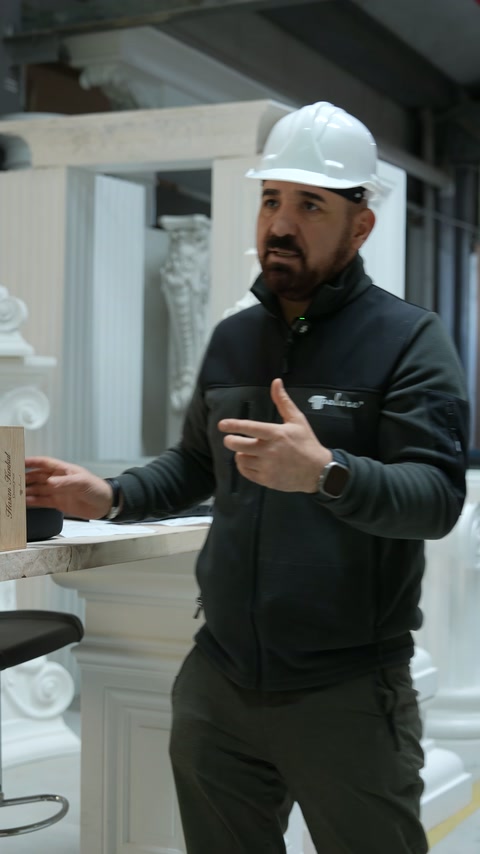 Usta beyaz sütun parçaları önünde iki parmağıyla açıklama yapıyor