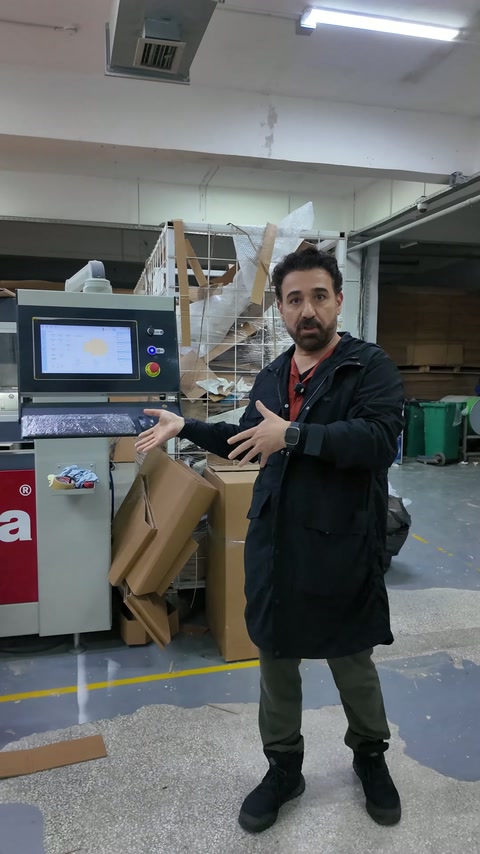 Usta, atölye makinesinin yanında üretim alanını tanıtıyor.