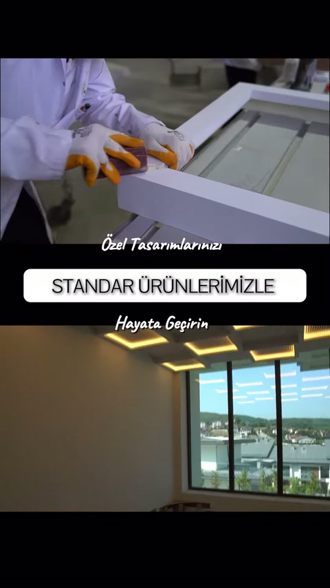 Usta çerçeve kenarını eliyle düzeltirken bitmiş tavan sergileniyor