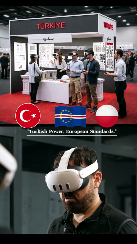 Sakallı katılımcı VR başlığıyla sanal showroom sunumunu izliyor