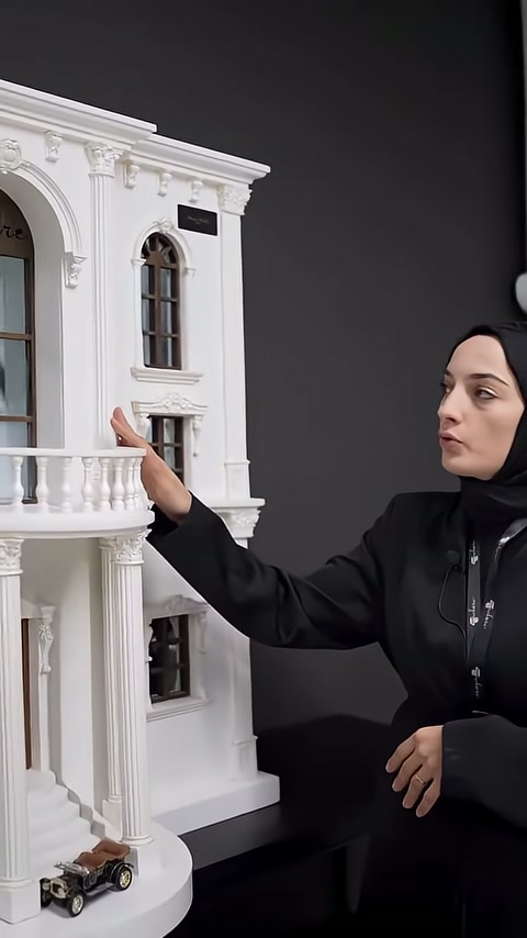 Sunucu parmağıyla üst kattaki pencere kenarı süslemelerini belirtiyor