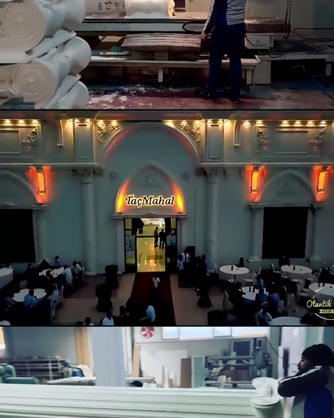 Üretim tezgâhının yanında gece aydınlatılmış salon girişi görülüyor