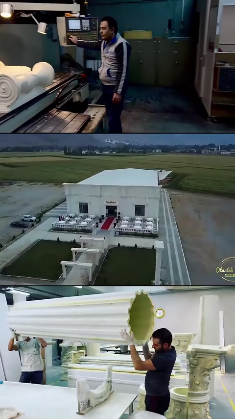 Üretim hattı, salonun kuşbakışı görünümü ve dekoratif parçalar sergileniyor.