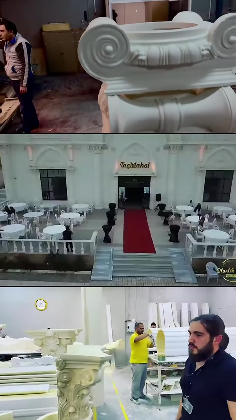 Dekoratif profil, gece aydınlatmalı salon ve sütunlu iç bölüm.