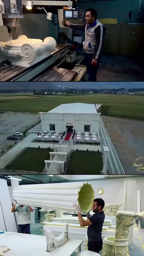 İşleme tezgâhı, salonun üstten görünümü ve renklenen dekor parçası görülüyor.