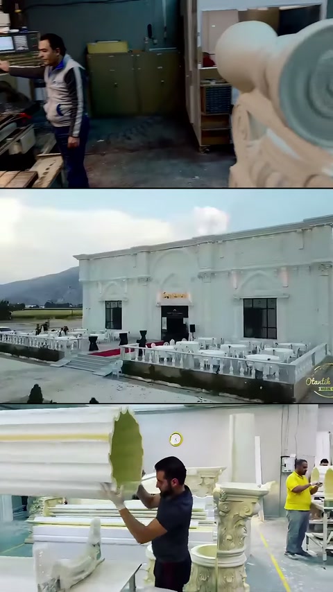 Atölye makinesi, beyaz salon cephesi ve yaprak biçimli bezeme görülüyor.