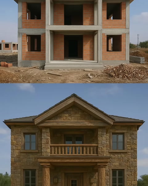 Yapım aşamasındaki villa ve taş kaplamalı klasik cephe tasarımı