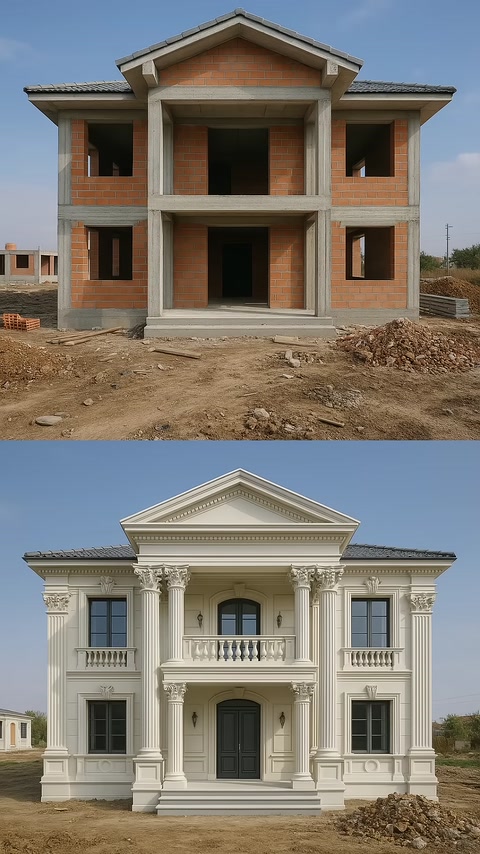 Beyaz villa cephesinde dekoratif sütunlar, korkuluklar ve kat silmeleri