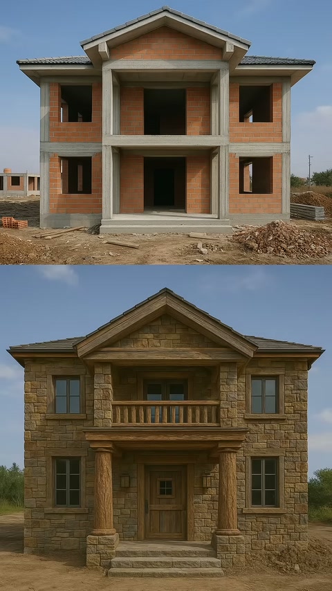 Yapım aşamasındaki villa, taş kaplama ve balkon korkuluklarıyla tamamlanıyor