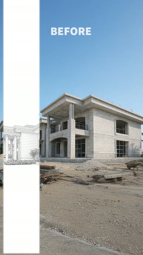 İki katlı betonarme yapının dış cephe kaplaması öncesi hali görülüyor.