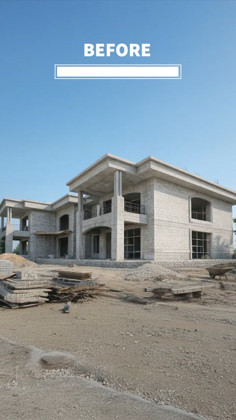 Betonarme konutun açık pencere boşlukları ve kaplamasız cephesi görülüyor.