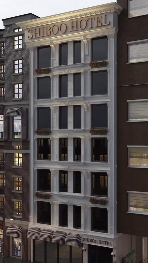 Pilaster sütunlar ve pencere süslemeleri bulunan tamamlanmış bina cephesi