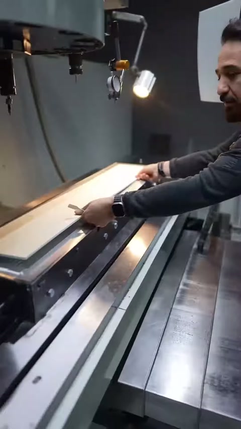 Çalışan üretim tablasındaki uzun paneli eliyle serbest bırakıyor