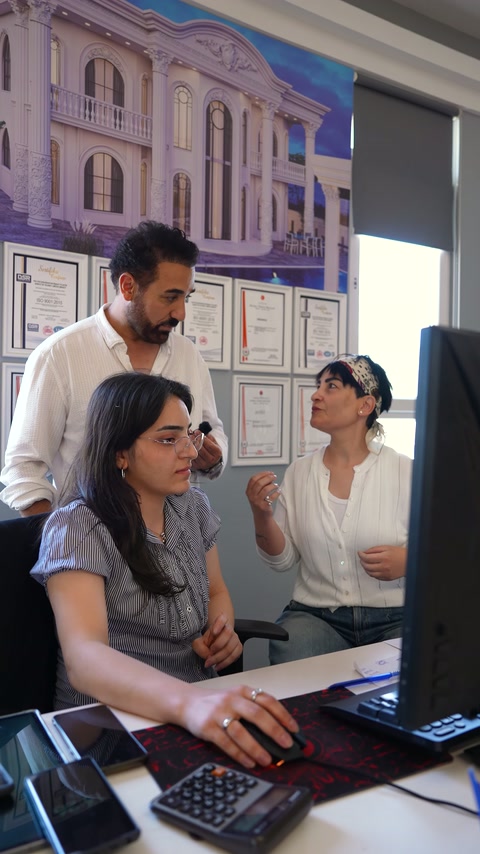 Tasarımcı, ekran karşısında dekoratif düzenleme hakkındaki görüşlerini paylaşıyor.