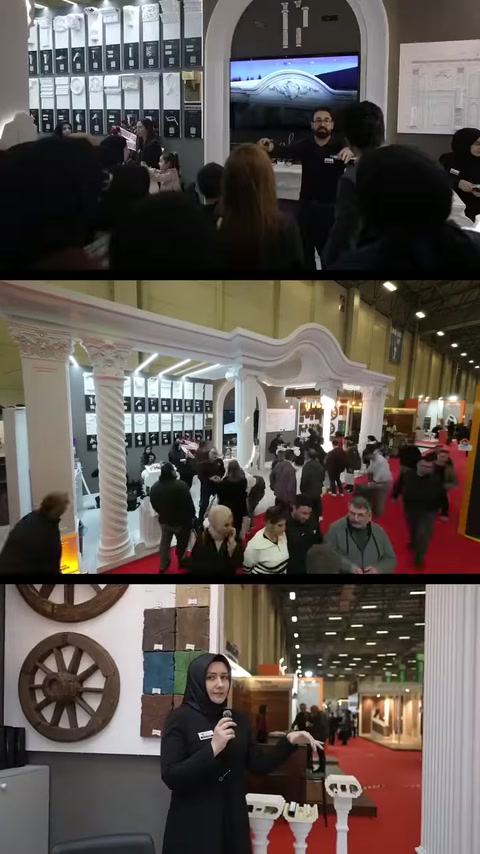 Sunucu dekoratif kaidelerin yanında konuşurken kalabalık standı inceliyor