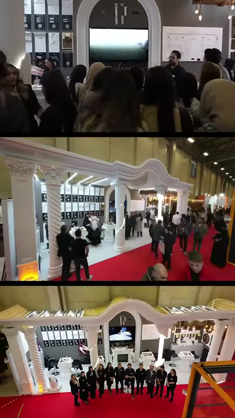 Kemerli giriş altındaki ekip dizilimi ve tavan süslemeleri sergileniyor