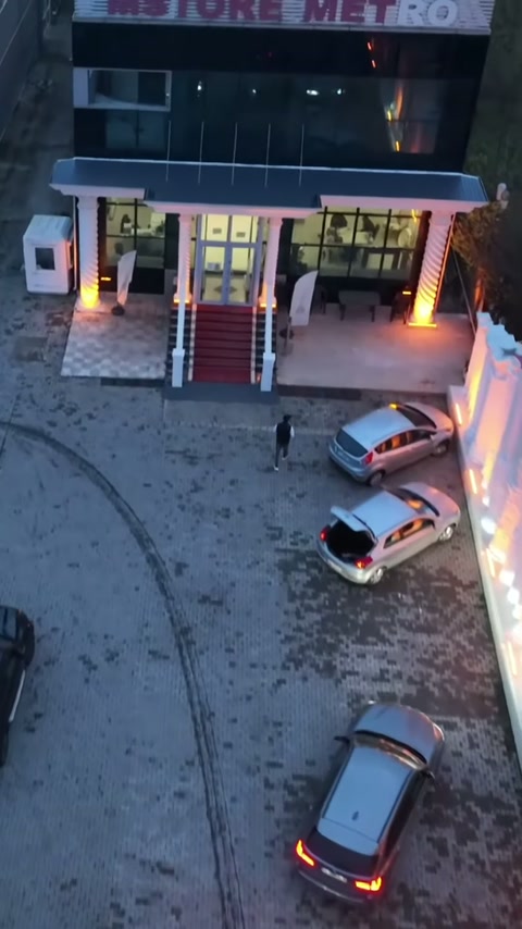 Cam kapılı ana giriş, dekoratif dikmeler ve basamaklarla karşıdan görüntüleniyor