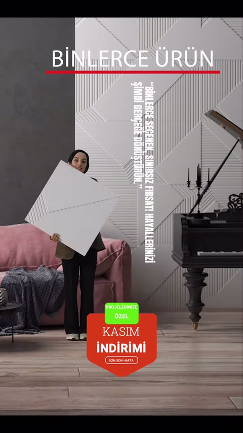 Geometrik desenli beyaz duvar panelleri iç mekânda yan yana tutuluyor