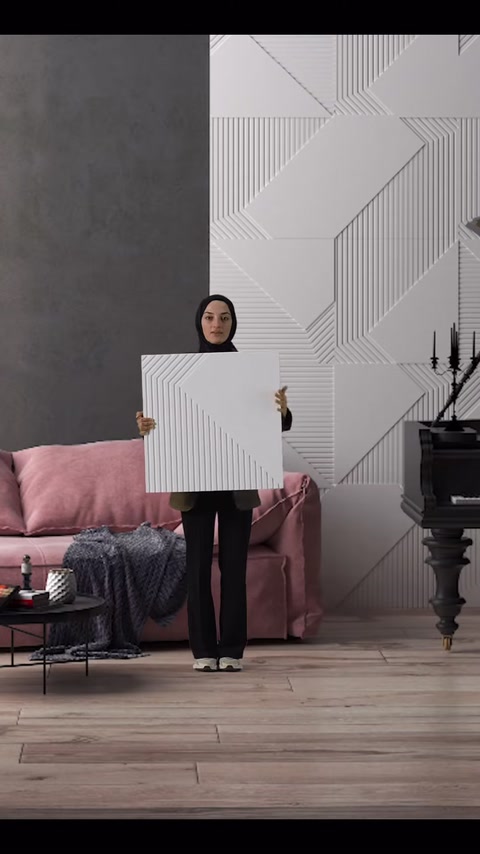 Desenli poliüretan panel, geometrik panelli duvar önünde sergileniyor