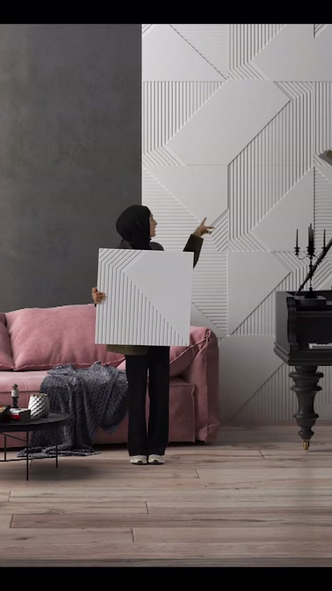 Poliüretan dekoratif panel, geometrik kaplı salon duvarı önünde tanıtılıyor