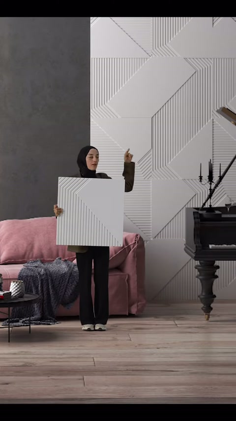 Kare poliüretan panel, geometrik duvar kaplamasıyla birlikte izleyiciye sunuluyor